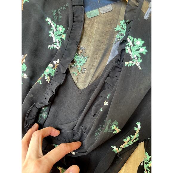 Sandro Paris Embroidered Faux Wrap Midi Black Ruffled Dress Size 1 Small FR 36 - Picture 5 of 12